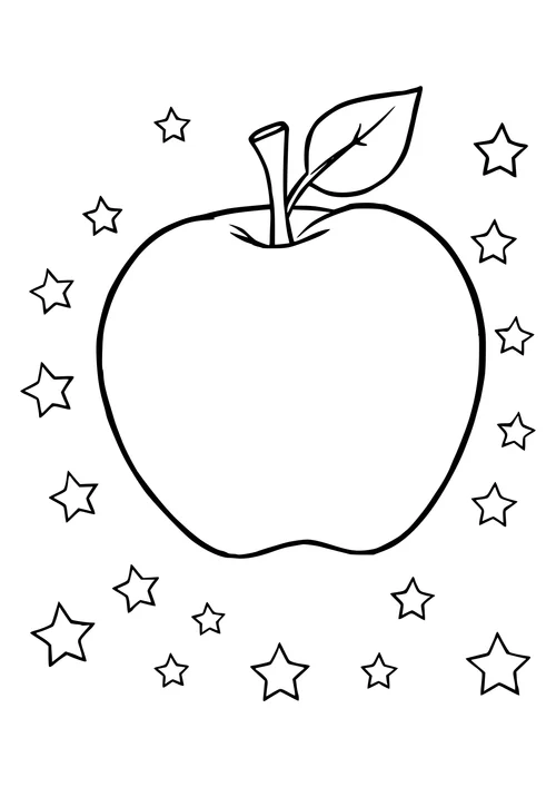 A simple black and white line-art illustration of an apple with stars in the night sky.