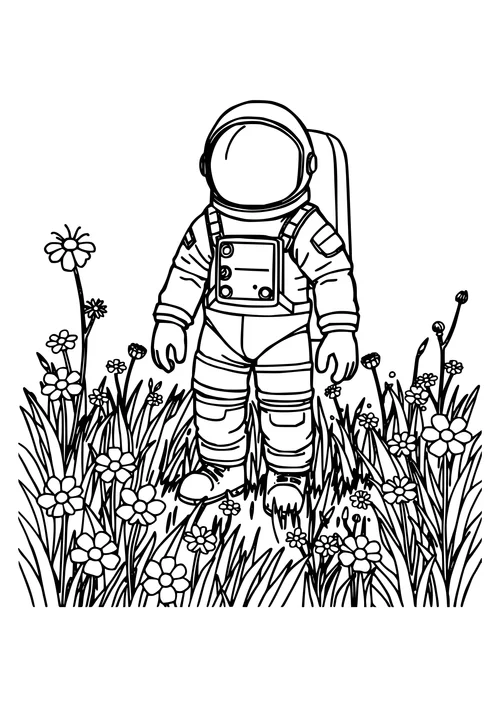 A black-and-white line-art image of an astronaut standing in a lush green meadow with flowers and trees in the background.