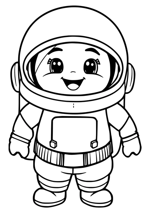 A smiling astronaut in a space suit, standing in front of a starry night sky, with bold black lines for coloring.