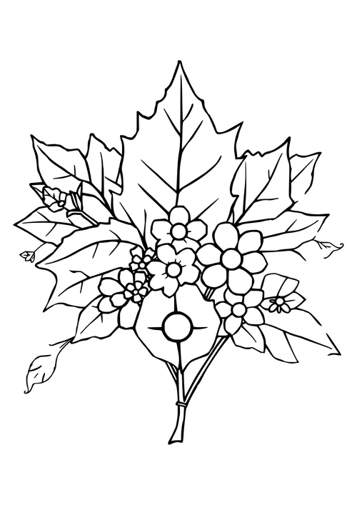 A black-and-white line-art illustration of autumn leaves and flowers in a serene natural setting.