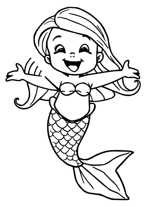 A black-and-white line-art image of a baby mermaid jumping in the water, surrounded by sea creatures.