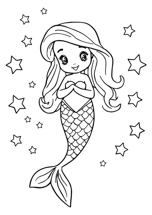 A baby mermaid sitting on a rock surrounded by stars and a night sky, depicted in black and white line-art.