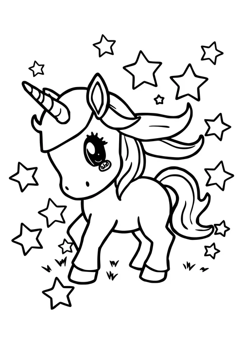 A delicate line-art illustration of a baby unicorn standing under a starry night sky, surrounded by fluffy clouds and twinkling stars.
