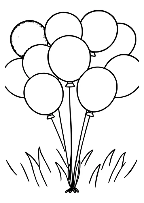 Black and white line art of balloons in a colorful scene, suitable for coloring and printout.