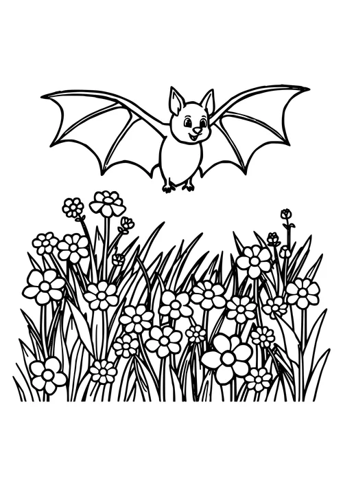 A black and white line-art image of a bat perched on a flower in a lush meadow.