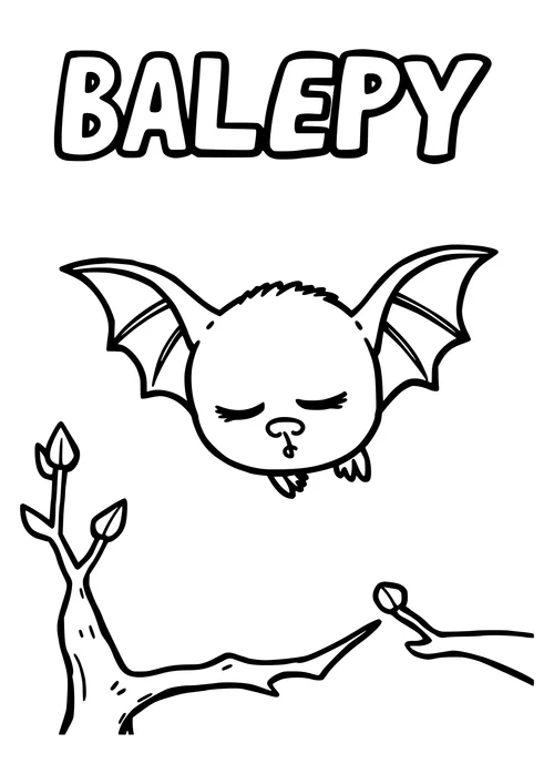 A sleeping bat lying on a tree branch, surrounded by leaves, in a simple black and white line-art design.
