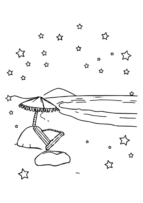 Black and white line art illustration of a serene beach scene at night with stars shining in the sky