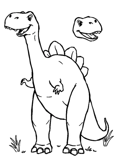 A black-and-white line-art illustration of a Brontosaurus playing in a lush prehistoric landscape.