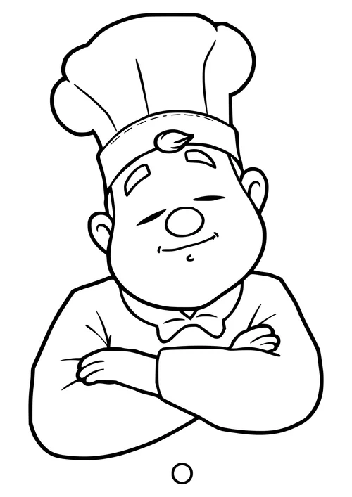 A black-and-white line-art image of a chef sleeping on a kitchen counter, surrounded by cooking utensils and ingredients.