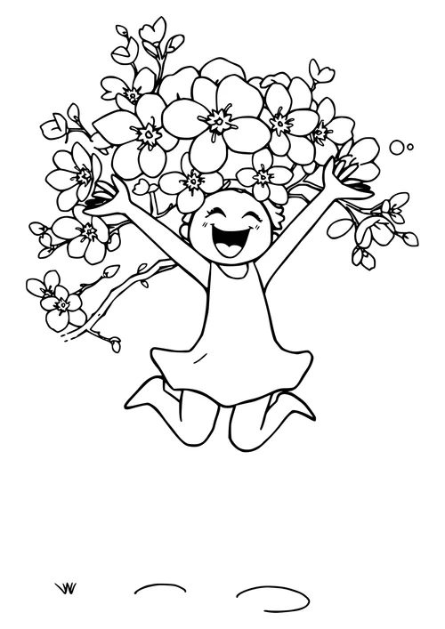 A black and white line art illustration of a jumping figure amidst a blooming cherry blossom tree.