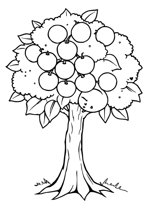 A black-and-white line-art illustration of a cherry tree in a peaceful sleeping scene, ready for coloring.