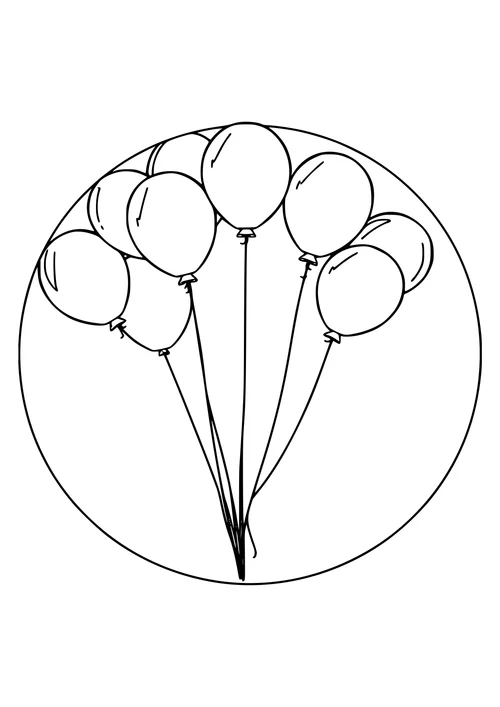 A black-and-white line-art image of a circle surrounded by balloons.