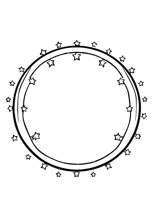 A black and white line art image of a circle with stars, suitable for coloring and printing.