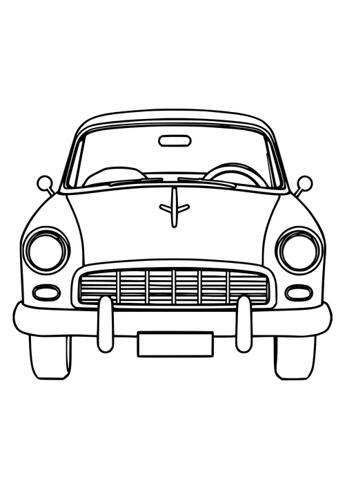 A classic car sitting on a scenic background, black and white line art illustration