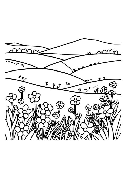 A line-art illustration of a serene countryside scene with colorful flowers and lush greenery