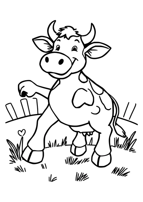 A black and white line-art illustration of a cow jumping in a green meadow.