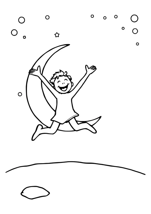 A black and white line art illustration of a crescent moon with a figure jumping in the foreground, surrounded by stars and a night sky.