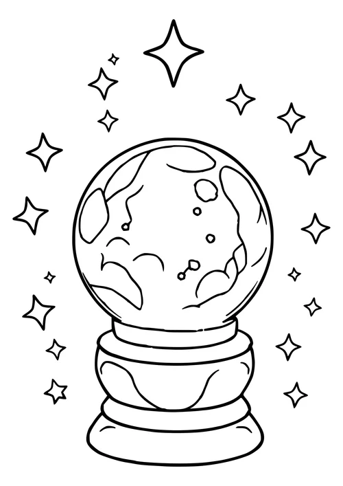 A black-and-white line-art image of a crystal ball surrounded by stars in the night sky.