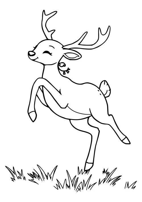 A playful deer in a forest setting, depicted in black-and-white line art