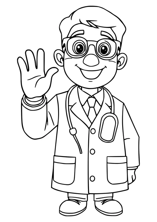 A black and white line art illustration of a doctor waving, suitable for coloring and printing.