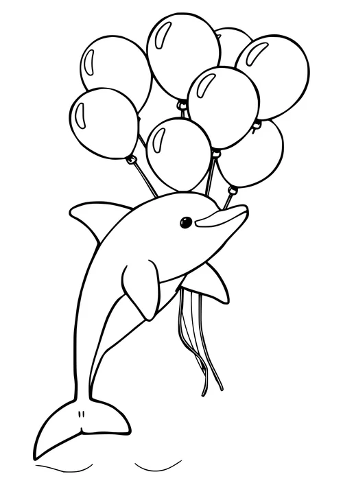 A black and white line-art illustration of a dolphin swimming in the ocean with balloons floating above it.