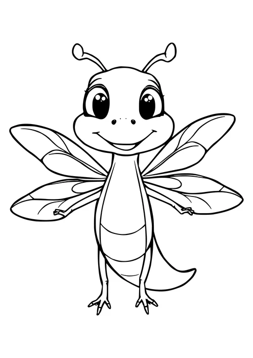Black and white line art of a smiling dragonfly with a joyful expression