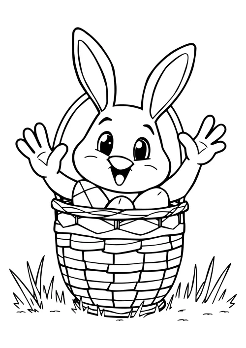 A black and white line-art illustration of a waving Easter basket
