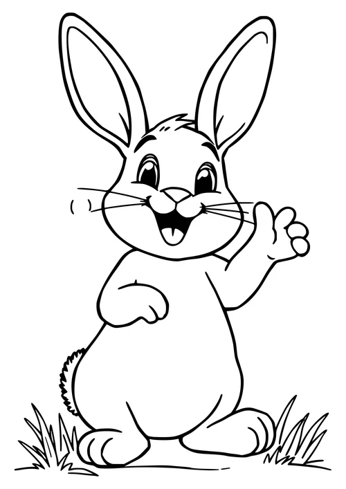 Easter bunny playing in a garden scene, black-and-white line-art illustration