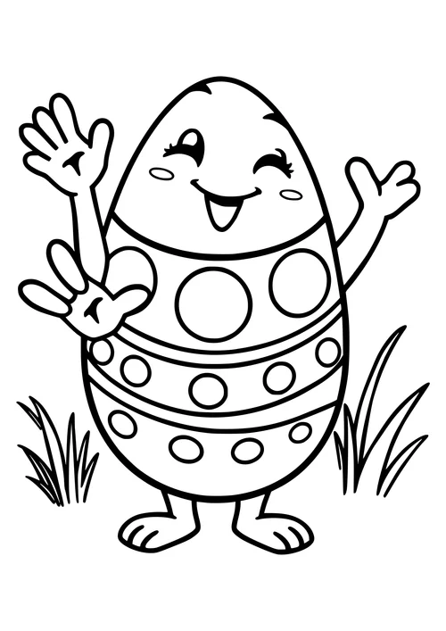 A black and white line-art illustration of a waving Easter egg