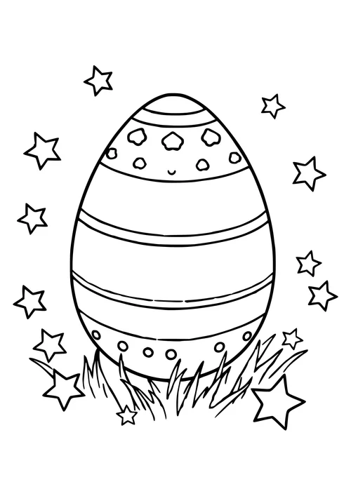 A black and white line-art Easter egg surrounded by twinkling stars on a clear night sky.
