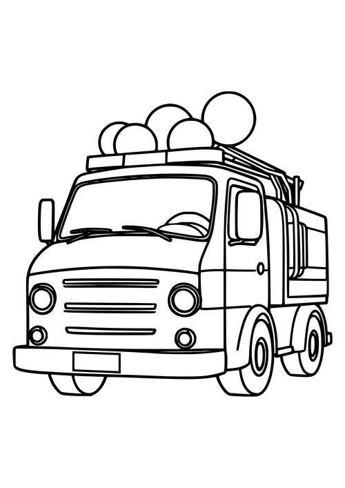 A black and white line art image of a fire truck with balloons floating in the air.