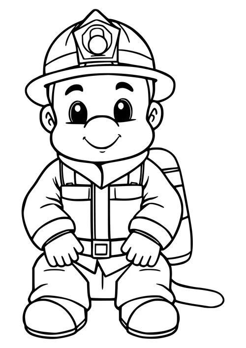A black-and-white line-art image of a firefighter sitting, looking at something in the distance, with a helmet and coat on.