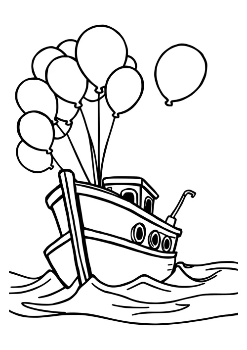 A black-and-white line-art image of a fishing boat floating on water with colorful balloons tied to its mast.