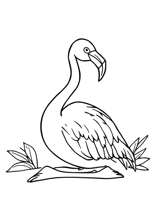A black and white line art illustration of a flamingo sitting in a serene environment.