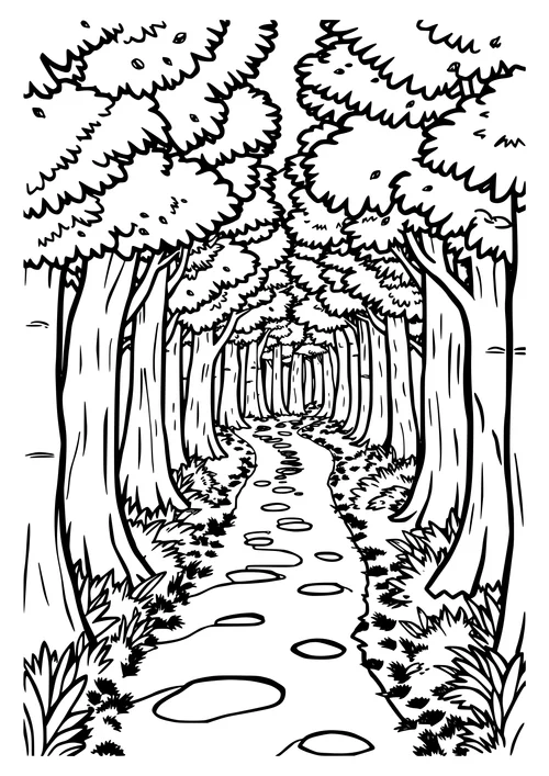 A winding forest path with a smiling face in the distance, ready to be colored in black and white line art.