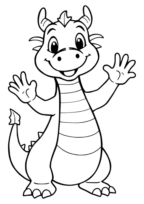 A friendly dragon waving at the viewer in a black-and-white line-art illustration.