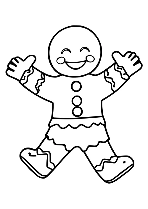 A black and white line art illustration of a gingerbread man jumping in mid-air