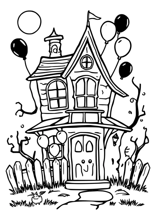 A haunted house scene with balloons floating in the air, created as a black-and-white line-art image for coloring.