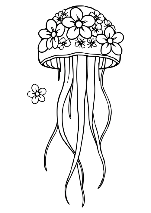 A black-and-white line-art image of a jellyfish floating amidst colorful flowers in the ocean