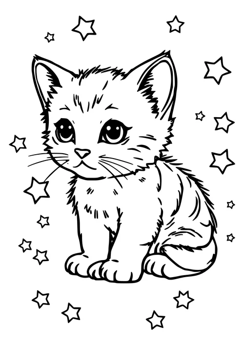 A black-and-white line-art image of a kitten sitting under a starry night sky.
