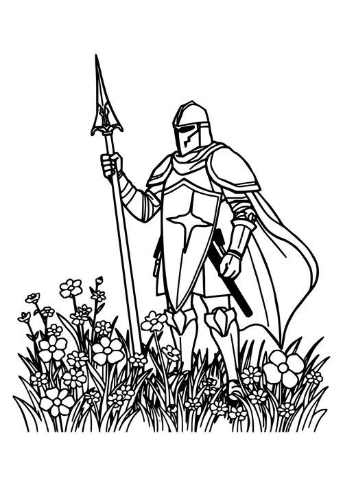 A knight stands in a lush meadow, surrounded by green grass and colorful wildflowers, with a detailed line-art illustration.