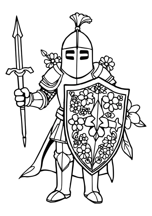 A black-and-white line-art image of a knight holding a shield amidst a floral scene, with intricate details and textures.
