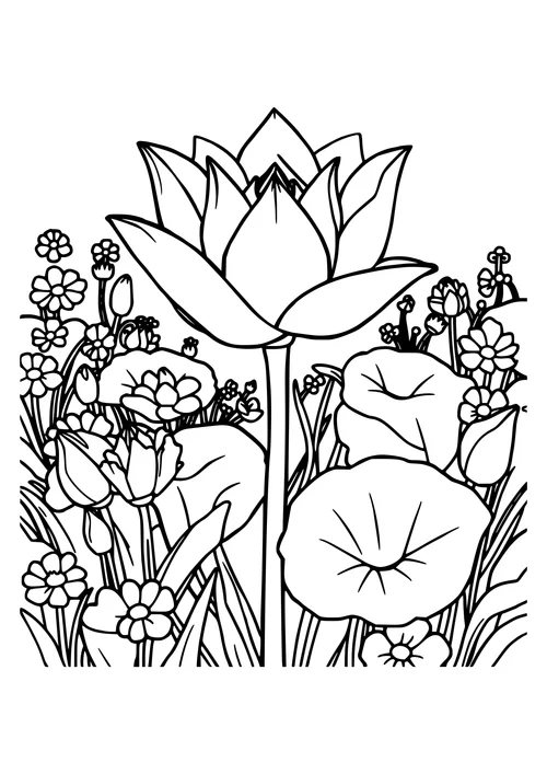 A black and white line-art illustration of a lotus flower in a meadow, surrounded by green grass and other flowers.