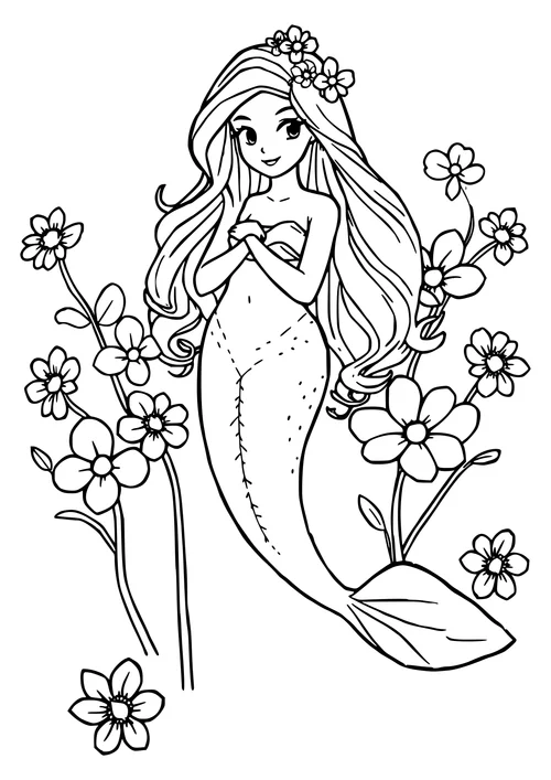 A mermaid sits on a rock surrounded by colorful flowers, with a gentle expression, in black and white line art.
