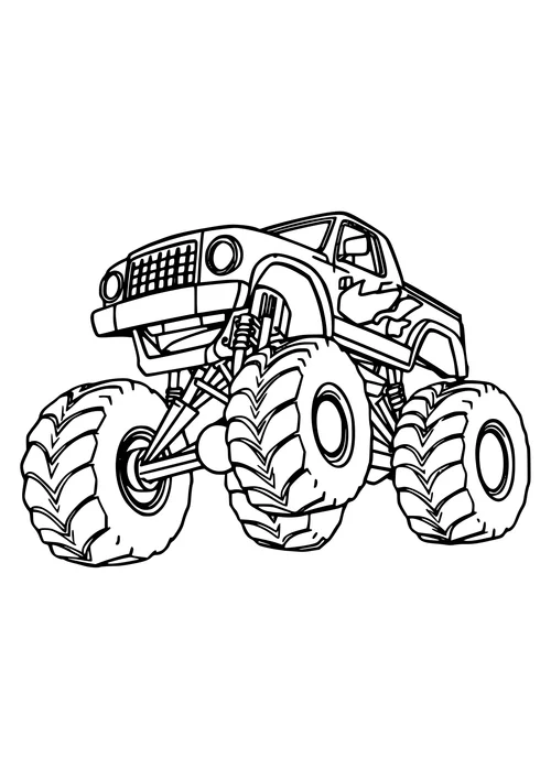 A black-and-white line-art image of a monster truck jumping over a ramp, with bold lines and dynamic movement.