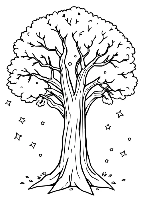 A black-and-white line-art image of an oak tree with stars in the night sky.