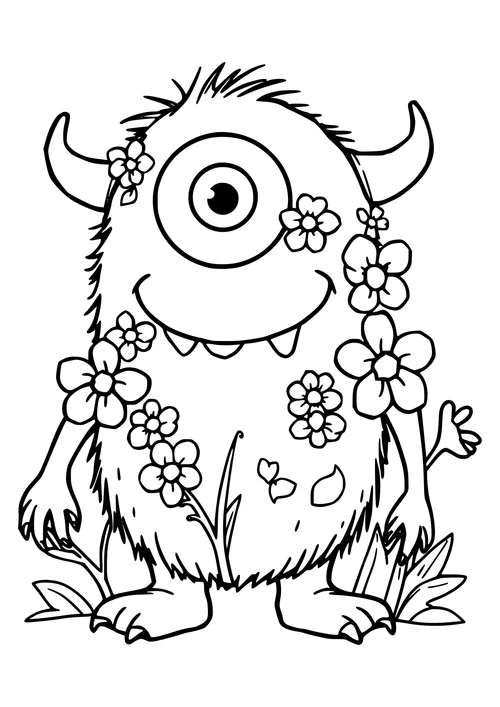 A black and white line-art image of a one-eyed monster surrounded by flowers