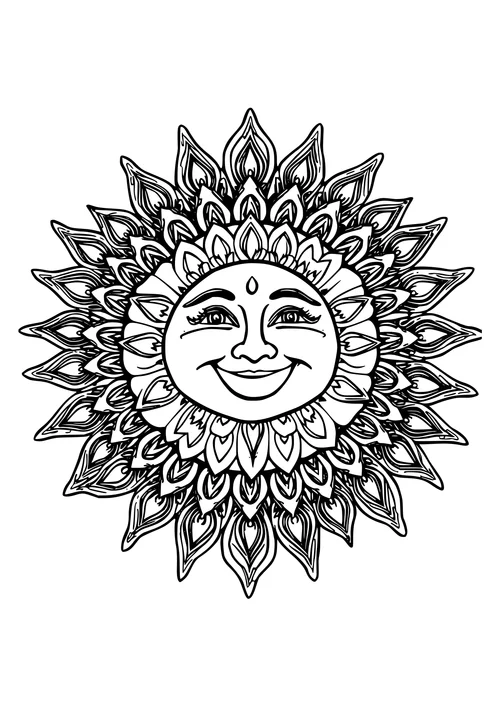 A black and white line-art image of an ornate smiling sun mandala design.