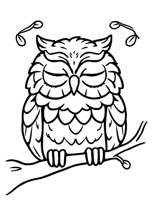 A sleeping owl in a serene forest scene, depicted in black and white line art for coloring.