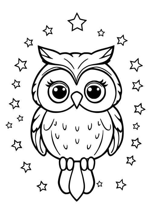A black and white line-art illustration of an owl perched on a branch under a starry night sky.